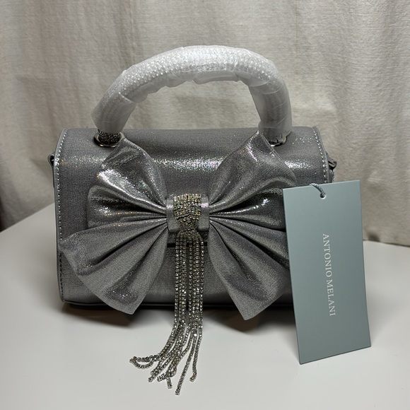 Antonio Melani Metallic Bow Top Handle Satchel Bag In Silver | NWT - Picture 3 of 13